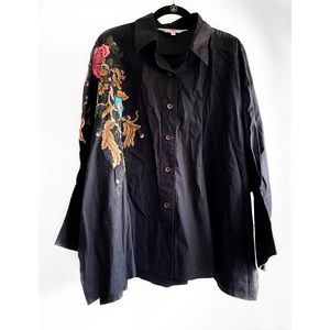 Roja Black Western Wear Floral Embroidered Button Down Shirt Size XS